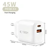 Tech-Protect NCA45W-GAN 2-PORT laidinis įkroviklis PD 45W / QC3.0 + TYPE-C kabelis baltos spalvos
