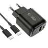 Tech-Protect NCA45W-GAN 2-Port laidinis įkroviklis PD 45W / QC3.0 + Type-C kabelis juodos spalvos
