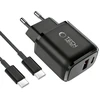 Tech-Protect NCA45W-GAN 2-Port laidinis įkroviklis PD 45W / QC3.0 + Type-C kabelis juodos spalvos