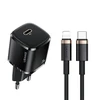 USAMS Tinklo įkroviklis 1xUSB-C T36 mini 20W + kabelis USB-C-Lightning juodos spalvos PD3.0 Fast Charging XFKXLOGTL01 (US-CC124+US-SJ484)