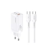 USAMS Tinklo įkroviklis MT 2xUSB-C+USB GaN 65W T33 PD + kabelis USB-C-USB-C 100W Fast Charging baltos spalvos MTXLOGTC02