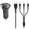 Automobilinis įkroviklis (2xUSB) su Type-C, Lightning, Micro USB laidu, USAMS, 2.1A, juodas