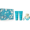 Versace „Dylan Turquoise“ rinkinys: 100 ml purškiamas tualetinis vanduo + 100 ml dušo želė + 100 ml kvapnus kūno gelis + 5 ml mini tualetinis vanduo