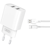 XO laidinis įkroviklis CE02C 2x USB 2,1A baltos spalvos + microUSB kabelis