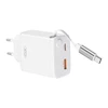 XO laidinis įkroviklis CE31 1x USB 1x USB-C 30W baltos spalvos su retractable USB-C kabeliu