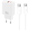 XO sieninis įkroviklis CE40 PD 20W 1x USB-C 1x USB baltas + laidas USB-C – USB-C
