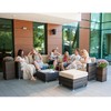 Lauko baldų komplektas Home4You Sodo baldų komplektas DAWSON, stalas, kampinė sofa ir pufas su pagalvėlėmis, spalva: tamsiai ruda