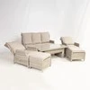 Lauko baldų komplektas Home4You Sodo baldų komplektas BASEL stalas, sofa, 2 kėdės ir 2 pufai, rėmas: aliumininis su plastikinių vytelių apdaila, spalva: smėlio