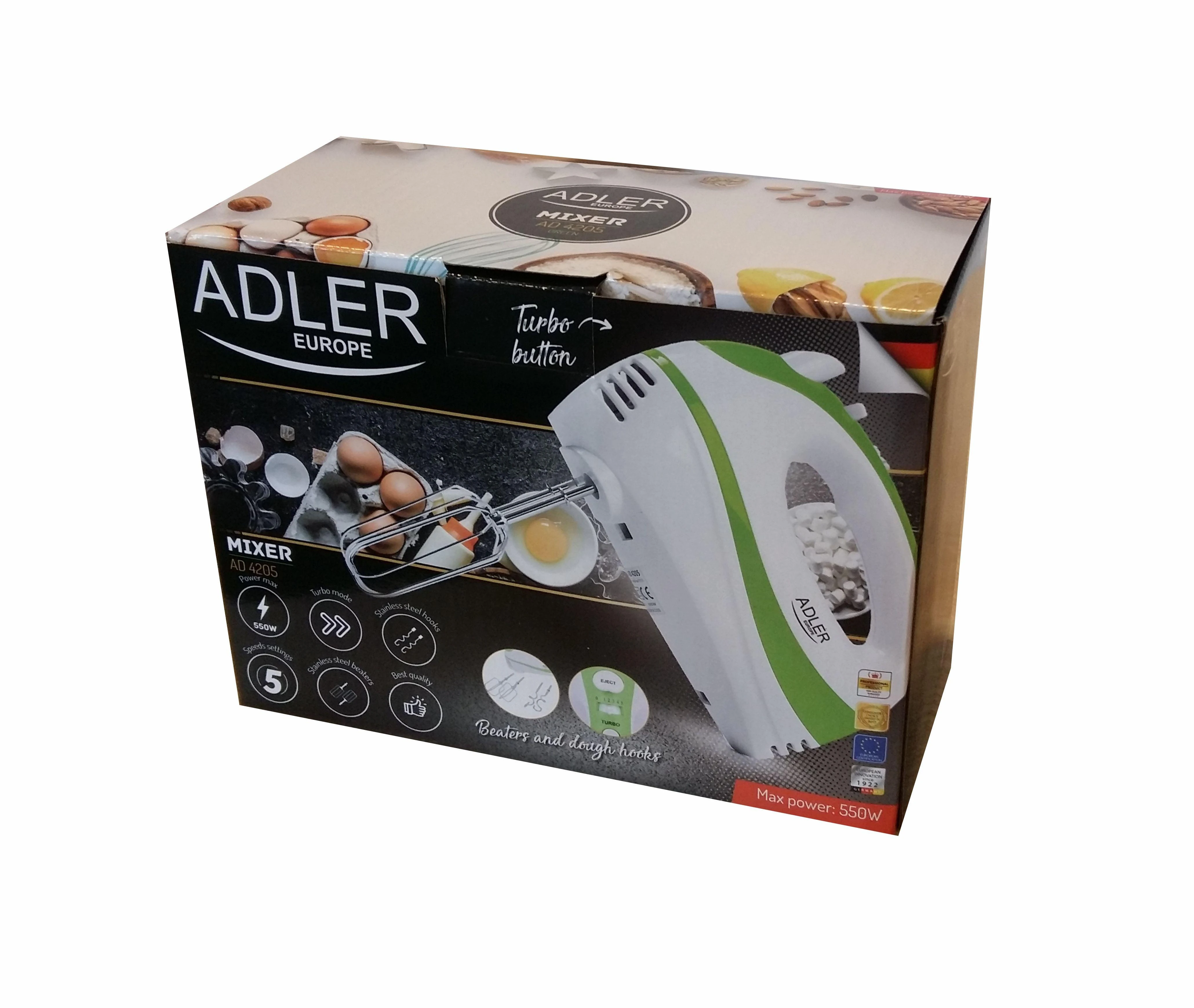 Plakiklis Adler | Mixer | AD 4205 g | Hand Mixer | 300 W | Greičių skaičius 5 | Turbo mode | Baltas/Žalias