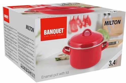 Banquet Milton Raudona emaliuotas puodas, 20cm, 3,4L, raudonas dangtelis, dujų indukcija