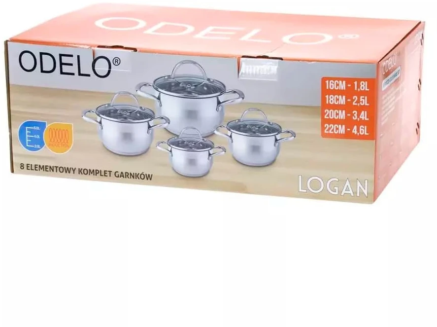 Odelo Puodų rinkinys 8 dalių (1,8+2,5+3,4l+4,6l), nerūdijantis plienas, LOGAN