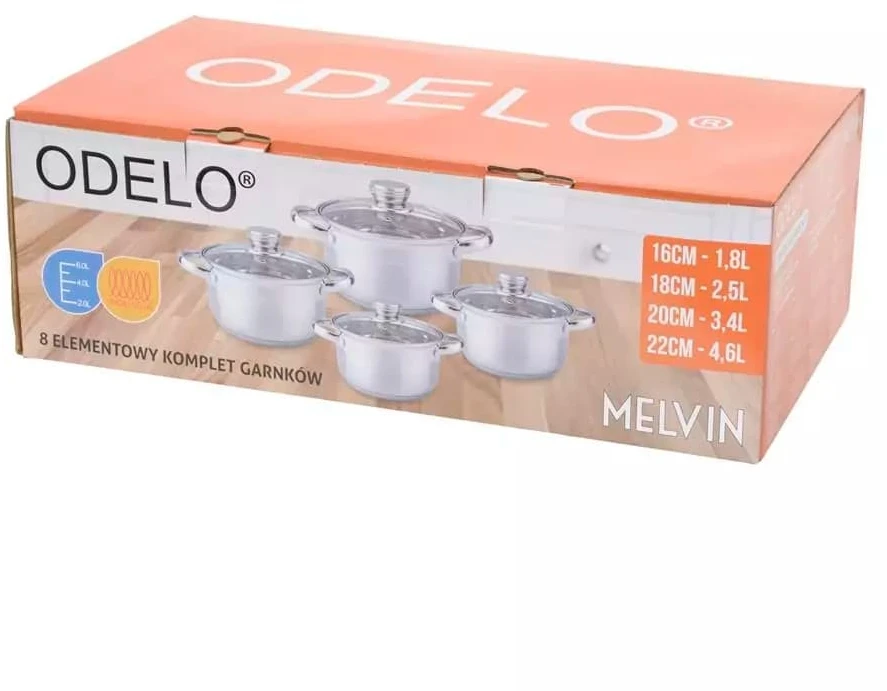 Odelo Puodų rinkinys 8 dalių (1,8+2,5+3,4l+4,6l), nerūdijantis plienas, Melvin