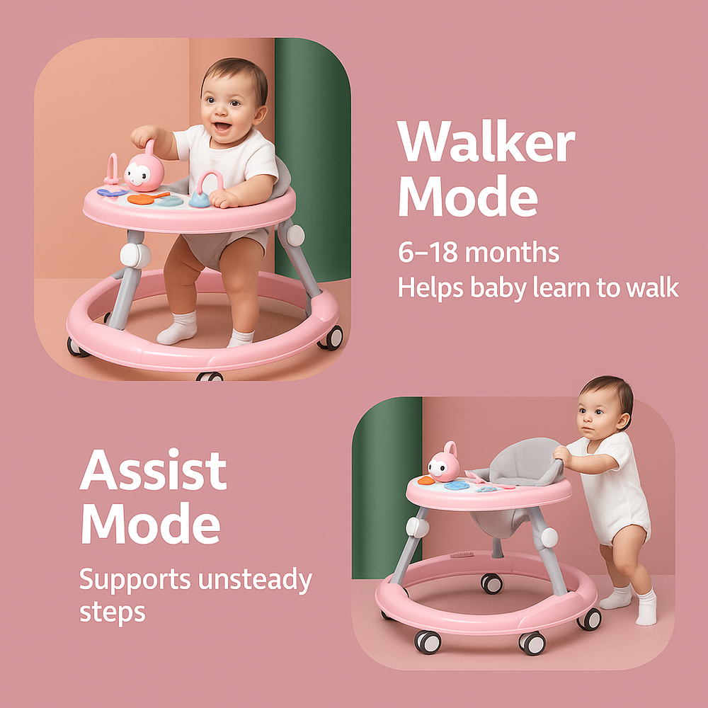6in1 Ergonominė Vaikštynė kūdikiui su muzikiniu pultu, reguliuojamu aukščiu ir 360° tyliais ratukais Tavalax