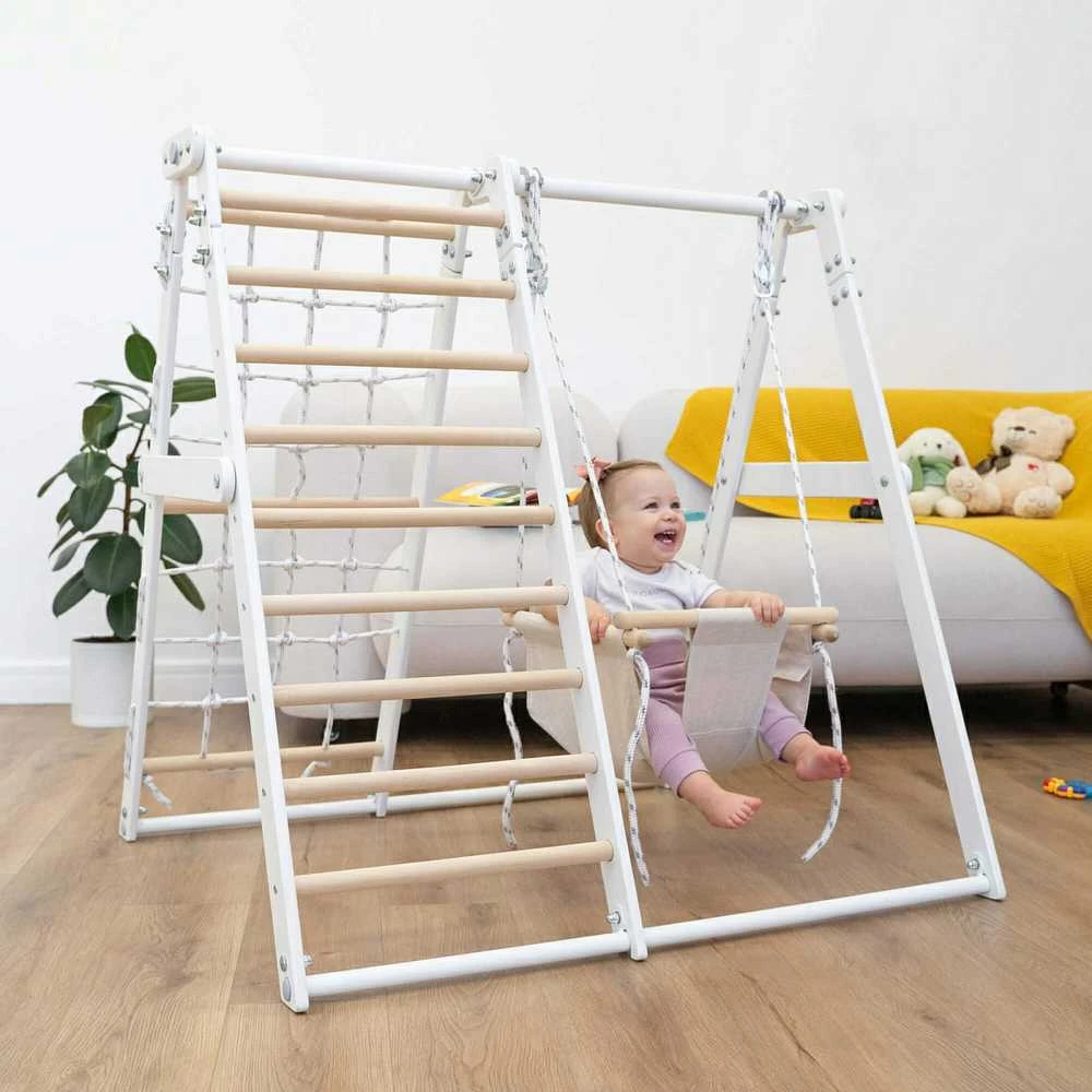 Daugiafunkcis medinis sporto kompleksas vaikams SANRO R-WOOD baltas, 108,5x109x96cm, iki 50kg