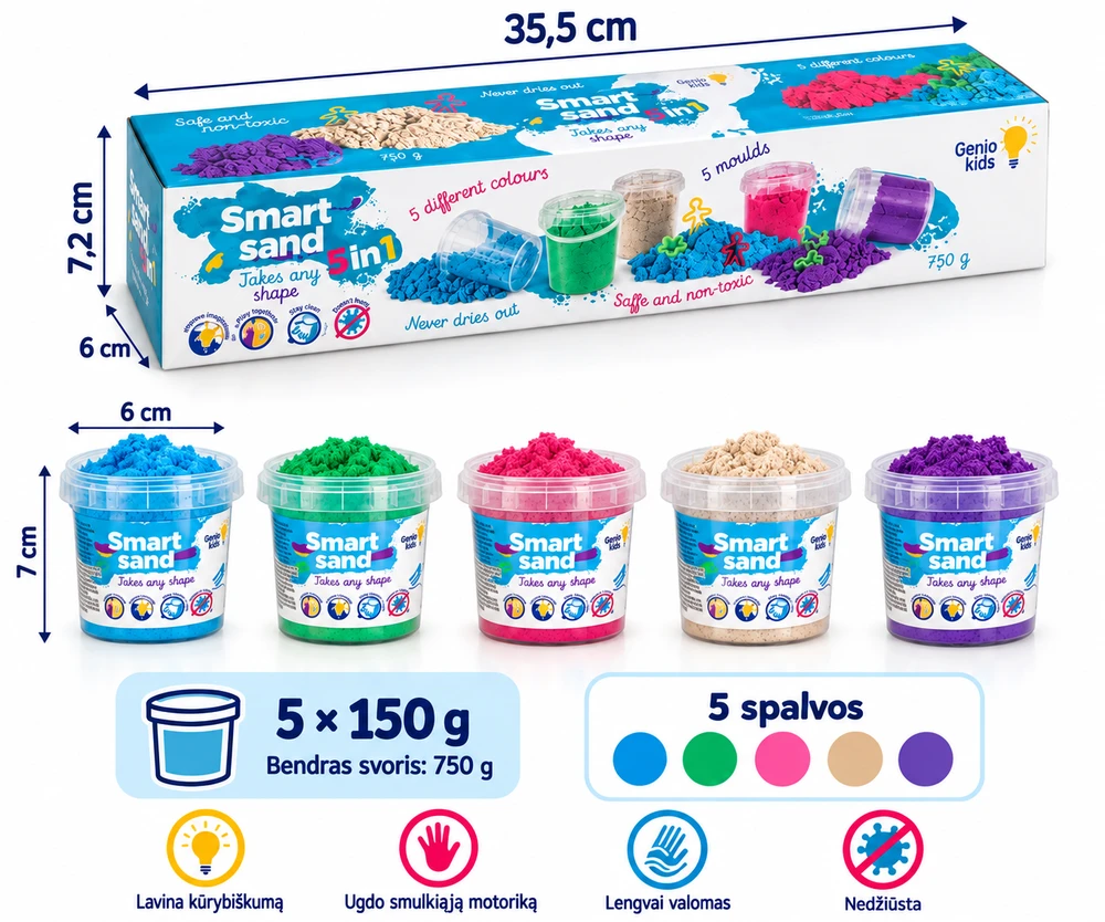Genio kids išmanusis smėlis rinkinys 5 spalvos, 750 g