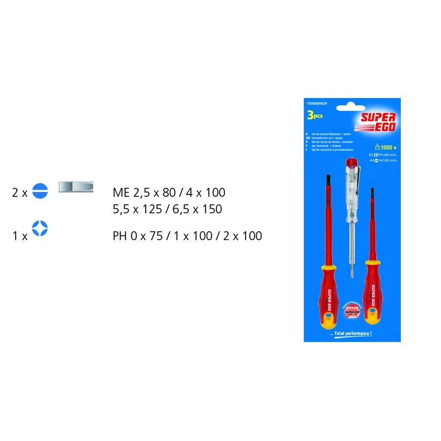 Atsuktuvų elektrikui rinkinys Super Ego VDE 1000 V (3 vnt.)
