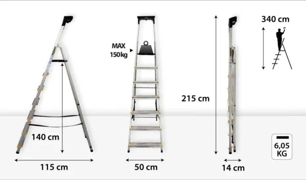 Buitinės kopėčios DRABEST ALD7 PRO 150 kg, vienpusės su lentyna, 7 pakopų (DR-AL-D7-PRO-Ż+CZ+P )