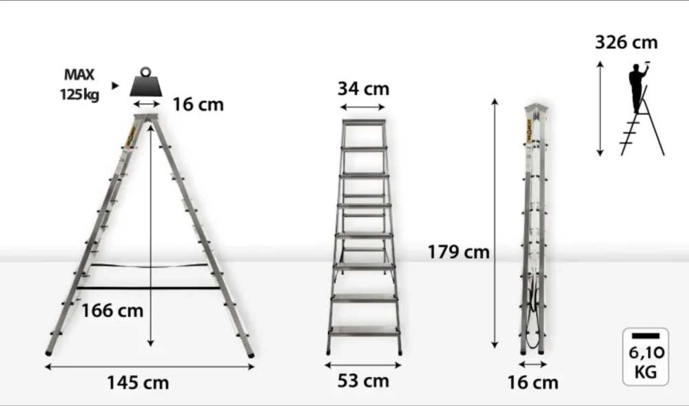 DRABEST HOME dvipusės aliuminio kopėčios, 8 pakopų 125 kg