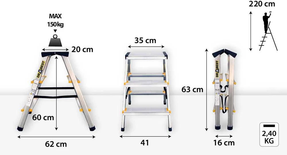Dvipusės aliuminio kopėčios, Drabest PRO 2x3, geltona ir juoda apdaila