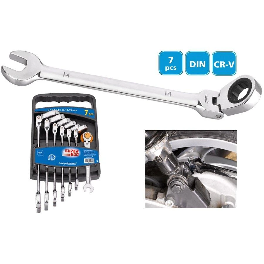 Kombinuotų lanksčių terkšlinių raktų rinkinys Super Ego 8-19 mm (9 vnt.)