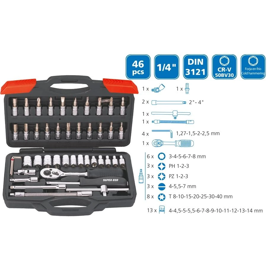 Raktų/galvučių rinkinys Super Ego 1/4" (46 vnt.)