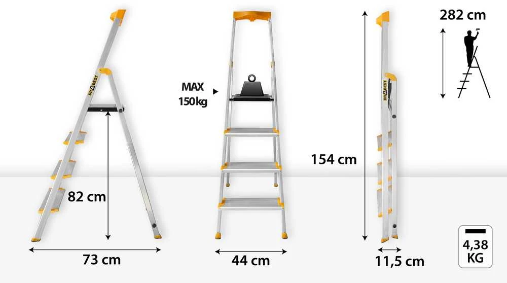 Vienpusės aliuminio kopėčios Drabest MAX, 4 laipteliai, 150 kg