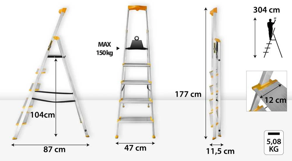 Vienpusės aliuminio kopėčios Drabest MAX, 5 laipteliai, 150 kg