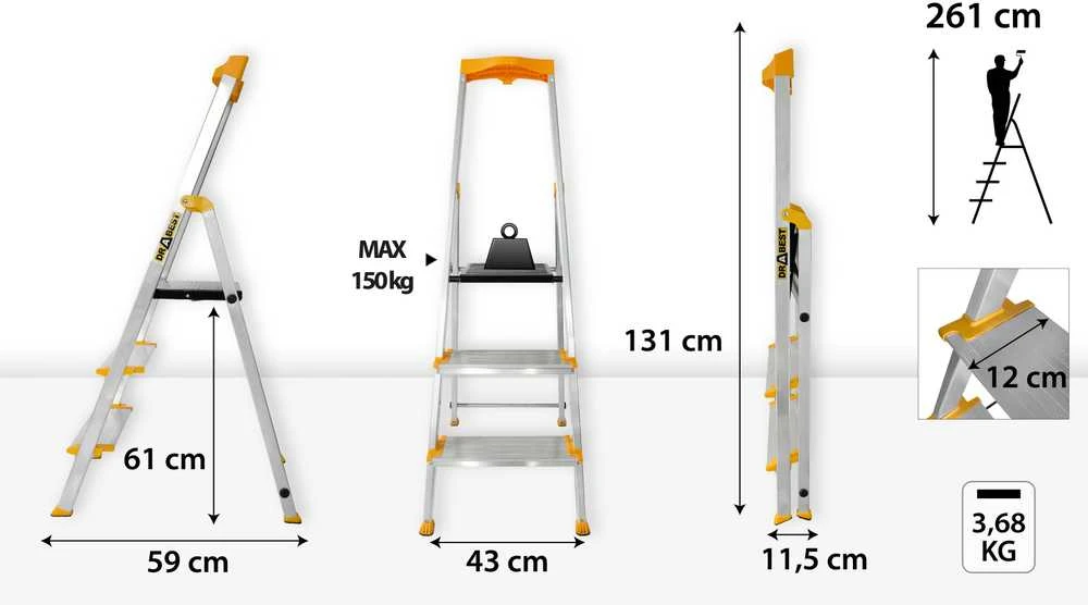 Vienpusės aliuminio kopėčios Drabest MAX, 3 laipteliai, 150 kg