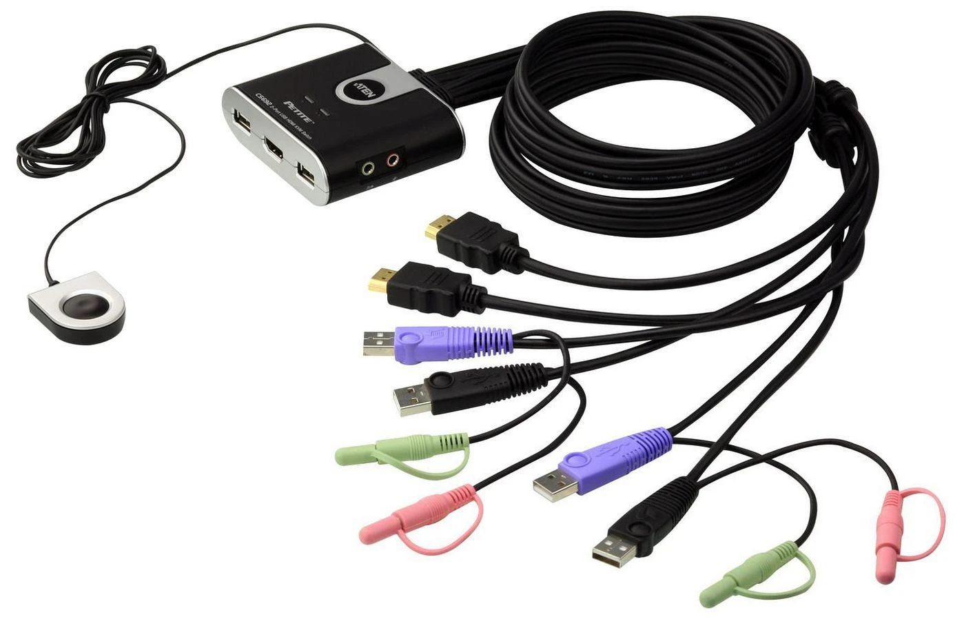 Aten 2 prievadų USB HDMI/garso kabelio KVM jungiklis su nuotolinio prievado parinkikliu | Aten