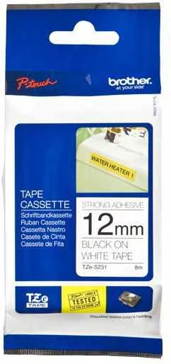 Brother | TZ-S231 Strong Adhesive Laminated Tape | Juodas on Baltas | TZe | 8 m | 1.2 cm