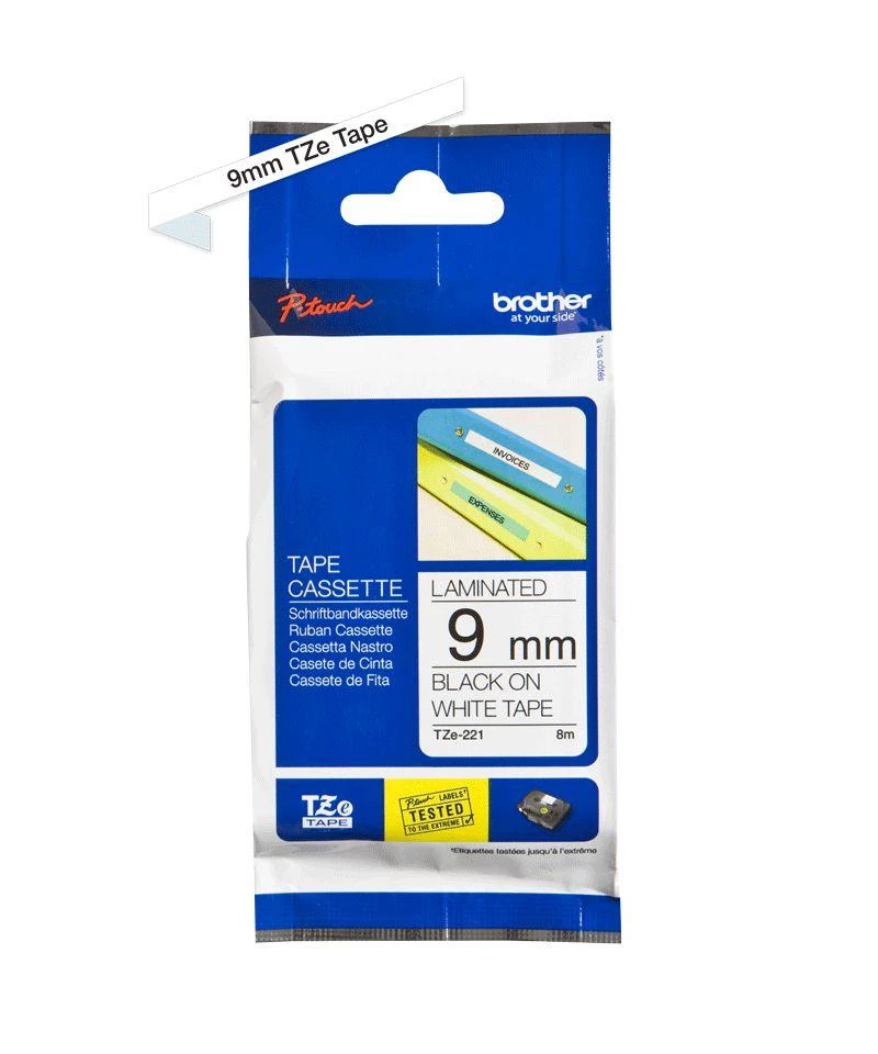 Brother | TZe-221 Laminated Tape | Juodas on Baltas | TZe | 8 m | 9 cm