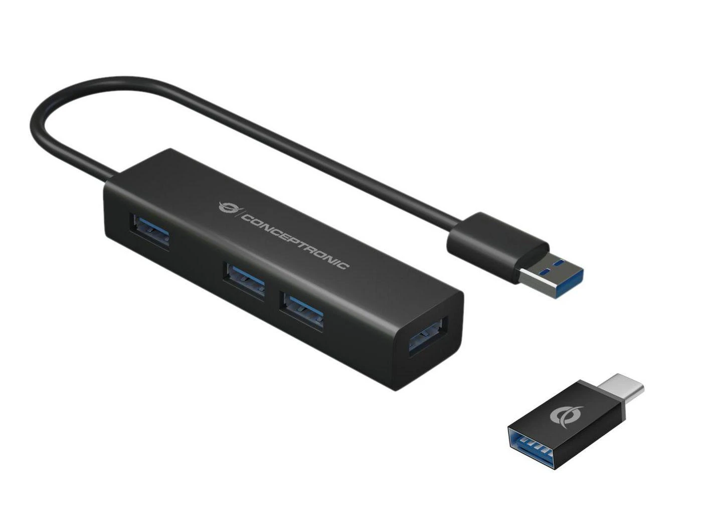 Juodas Conceptronic USB-A ir USB-C šakotuvas su 4 prievadais