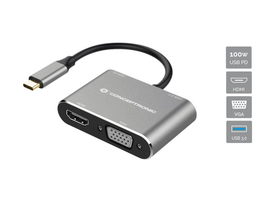 Stacja/replikator Conceptronic Conceptronic DONN16G doko stotelė Przewodowa USB 3.2 Gen 1 (3.1 Gen 1) Type-C Juodas, Sidabrinė