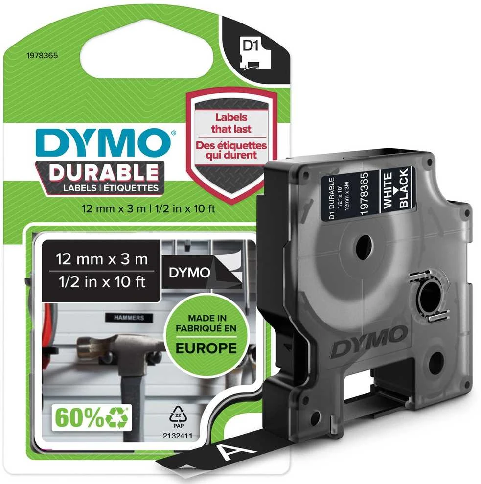 DYMO D1 Durable - Baltas on Juodas - 12mm etikečių juostelė Balta ant juodo