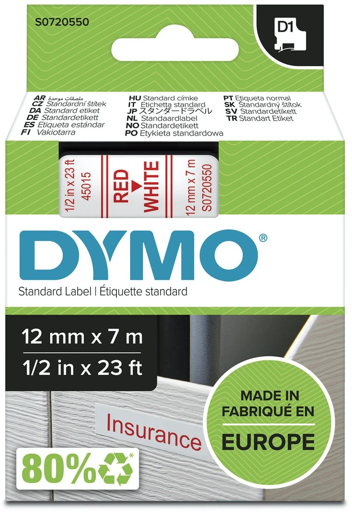 Juostelė DYMO D1 12mm x 7m, vinilinė, raudona ant balto / S0720550 45015