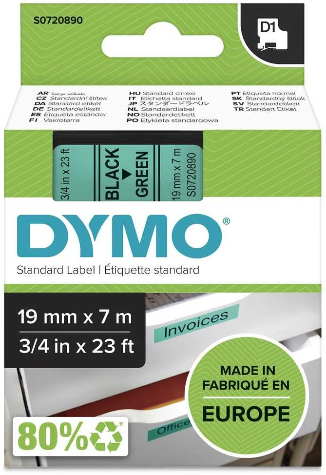 D1, prekės ženklo juosta, 19mm, juodas tekstas ant žalios juostos, 7m - 45800 DYMO / S0720890