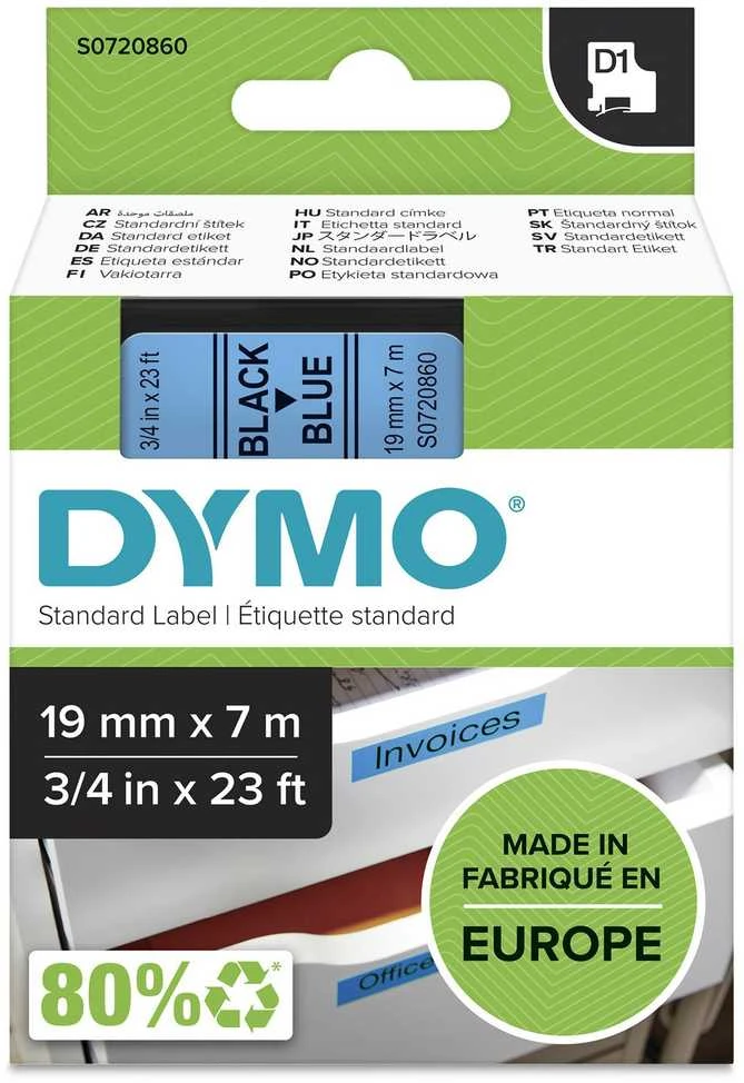 D1, prekės ženklo juosta, 19mm, juodas tekstas ant mėlynos juostos, 7m - 45806 DYMO / S0720860