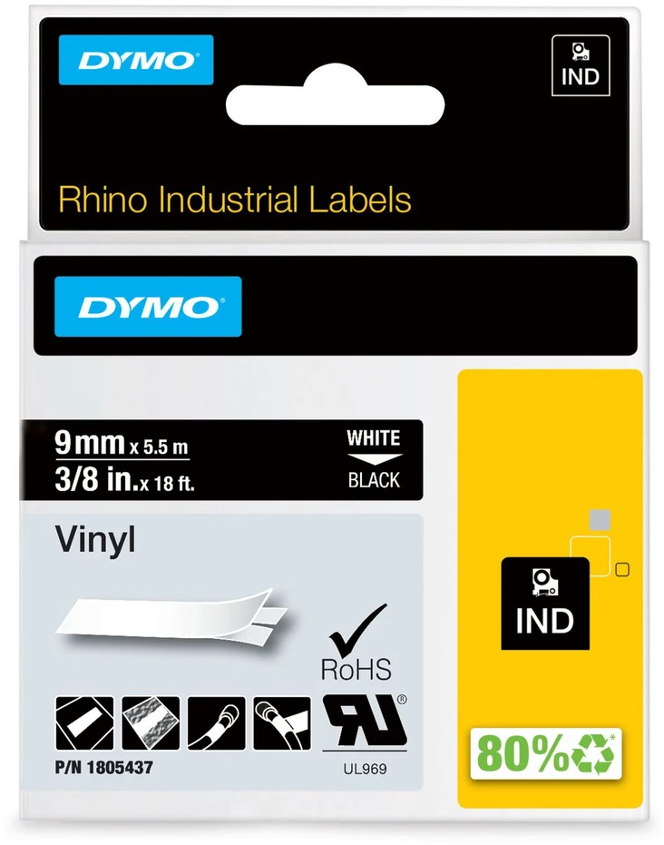 Juostelė DYMO Rhino 9mm x 5,5m, vinilinė, balta ant juodo / 1805437
