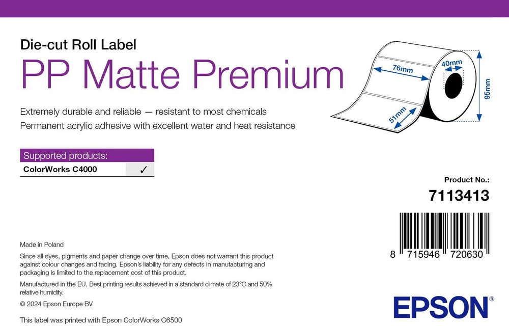 Epson PP MATTE ETIKETĖS PREM DIE-CUT/ROLL 76X51MM 535 ETIKETĖS