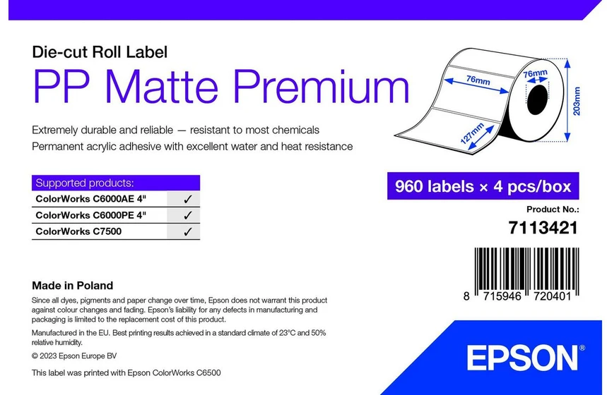Epson PP MATTE LABEL PREM DIE-CUT/ROLL 76X127MM 960 LABELS