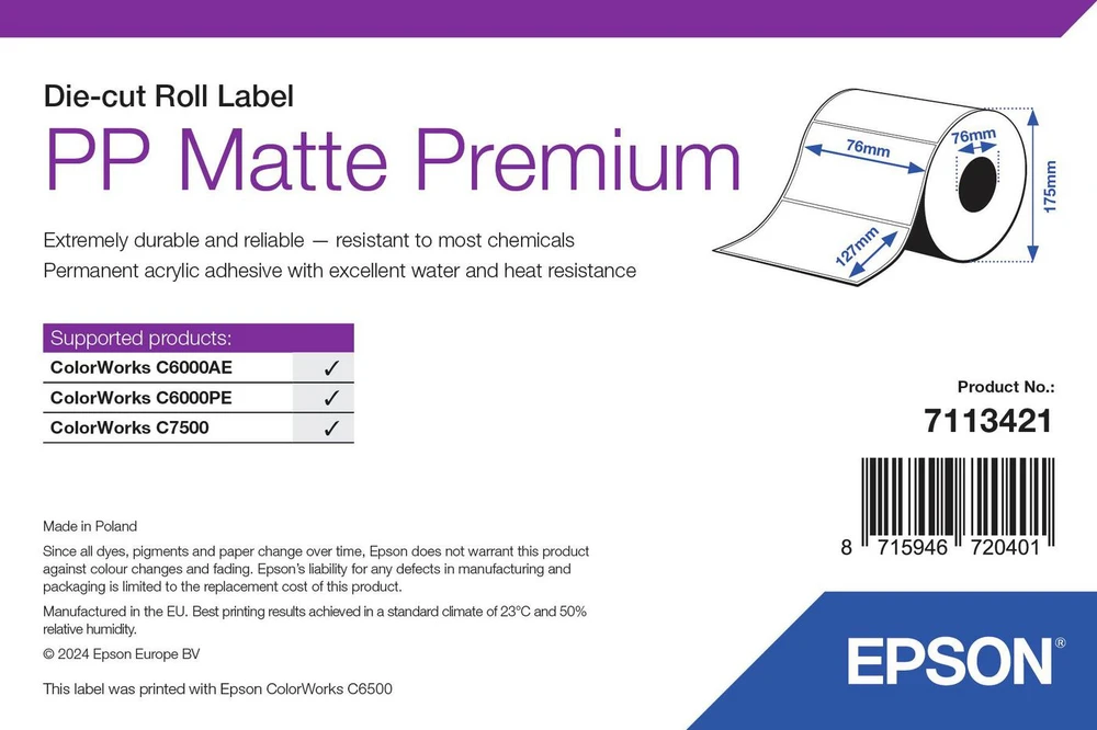 Epson PP MATTE LABEL PREM DIE-CUT/ROLL 76X127MM 960 LABELS