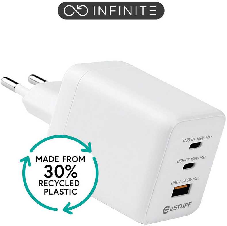 eSTUFF INFINITE USB-C įkroviklis ES PD 100W GaN. 2 x USB-C. 1 x