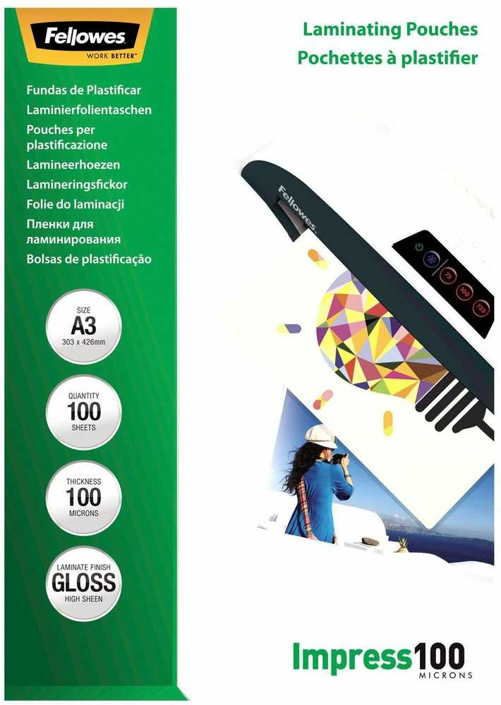 Fellowes | Laminavimo maišelis | A3 | Blizgus | Storis: 100 mikronų, kiekis pakuotėje: 100 vnt.; Idealiai tinka pranešimams, rankdarbių medžiagoms, iškaboms ir dažnai naudojamiems dokumentams; Suderinamas su visų prekių ženklų laminatoriais