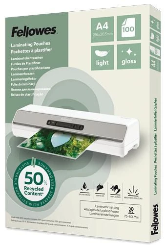 Fellowes laminavimo folija A4, blizgi, lengva, perdirbta, 100 vnt.