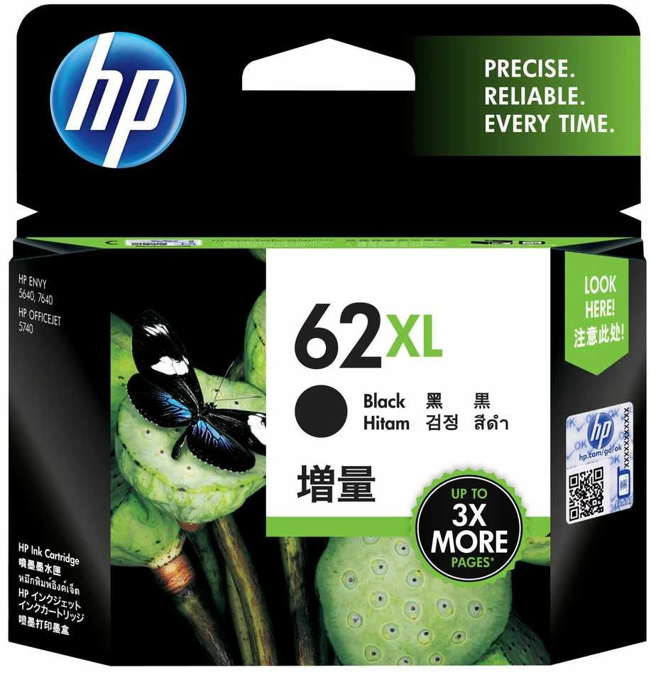 Hewlett Packard (HP) HP 62XL didelės talpos juodo rašalo kasetė, 600 puslapių, skirta HP Envy 5540, 5541, 5542, 5543, 5544, 5546, 5547, 5548, 5549