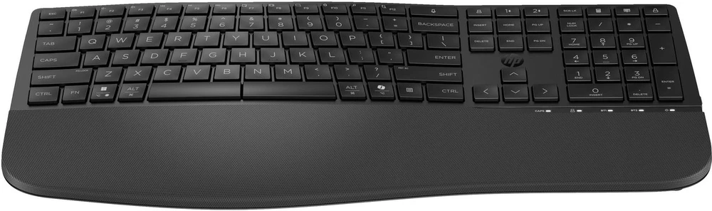 HP 685 Comfort belaidis „Bluetooth“ bangų formos klaviatūra su delno atrama - dviejų režimų, dezinfekuojamas, programuojamas, reguliuojamo kampo, pakreipimo, atsparus išsiliejimui - Juodas - US ENG
