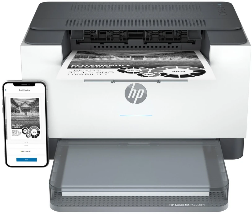 Hewlett Packard (HP) HP LaserJet Pro M209dw Spausdintuvas - A4 Mono lazerinis, Print, Auto-Duplex, LAN, WiFi, 29ppm, 200-2000 pages per month (replaces M102w, M209dwe)