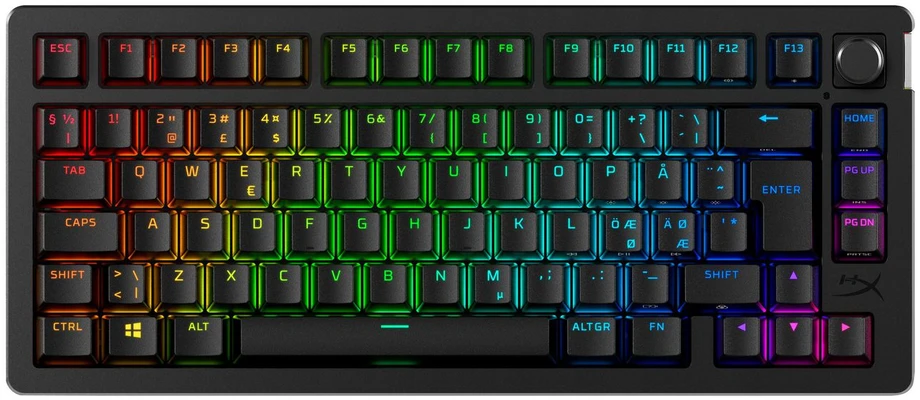 Klaviatūra „Hewlett Packard“ (HP) „HyperX Alloy Rise 75“ belaidės ausinės.