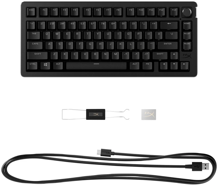 Klaviatūra „Hewlett Packard“ (HP) „HyperX Alloy Rise 75“ belaidės ausinės.