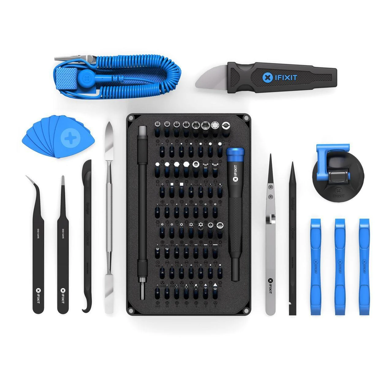 iFixit EU145307 - Įrankių rinkinys - Universalus - Atidarymo kirtiklis,Atsuktuvas,Spudger,Siurbtukas,Pincetas - Juodas,Mėlyna,Pilkas,Nerūdijantis plienas,Permatomas,Baltas - Plokščias,Apsauginis Torx,Veržliaraktis,Torx -3 pincetai